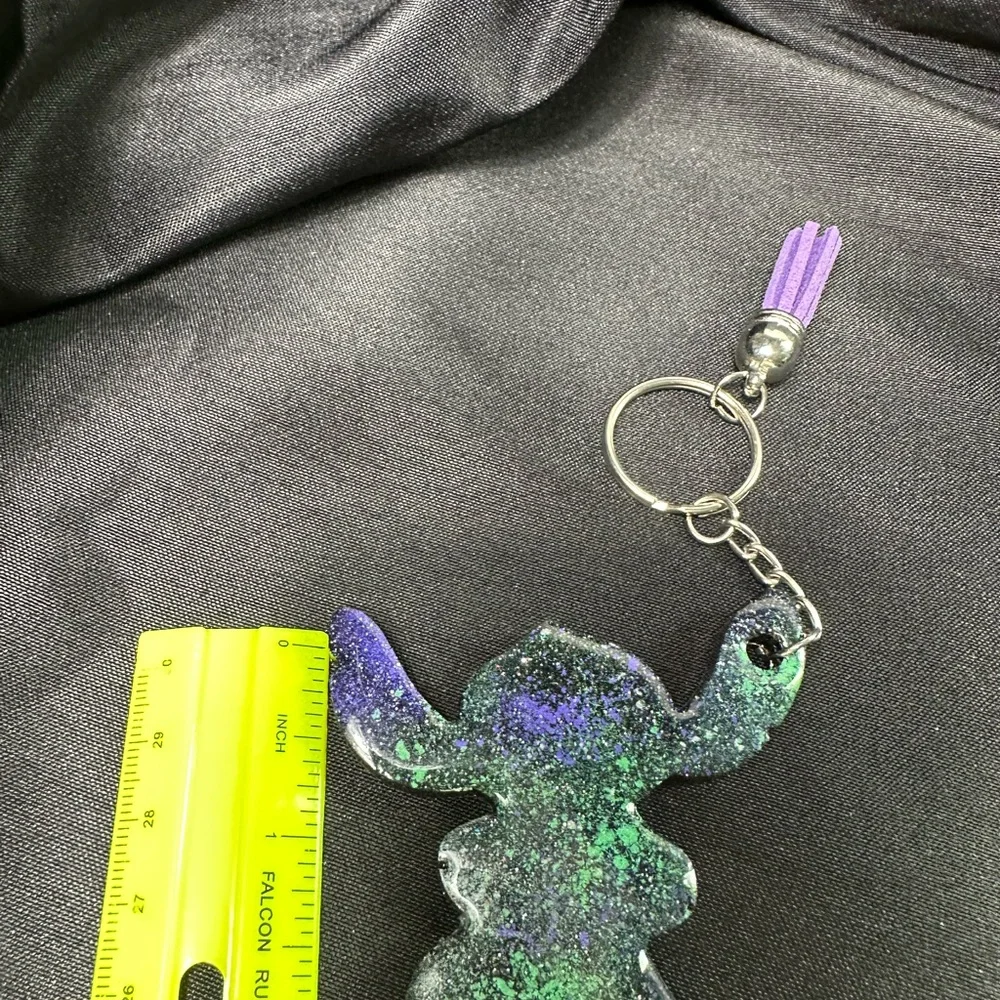 Glitter Purple & Green Stitch-Inspired Keychain with Tassel